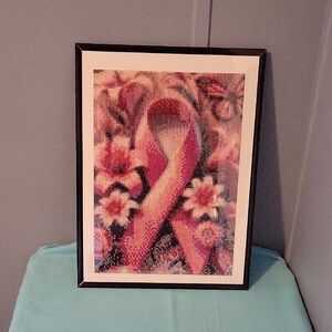 🆕️ Handmade Breast Cancer Pink Ribbon Diamond Art Print with black frame 12x16